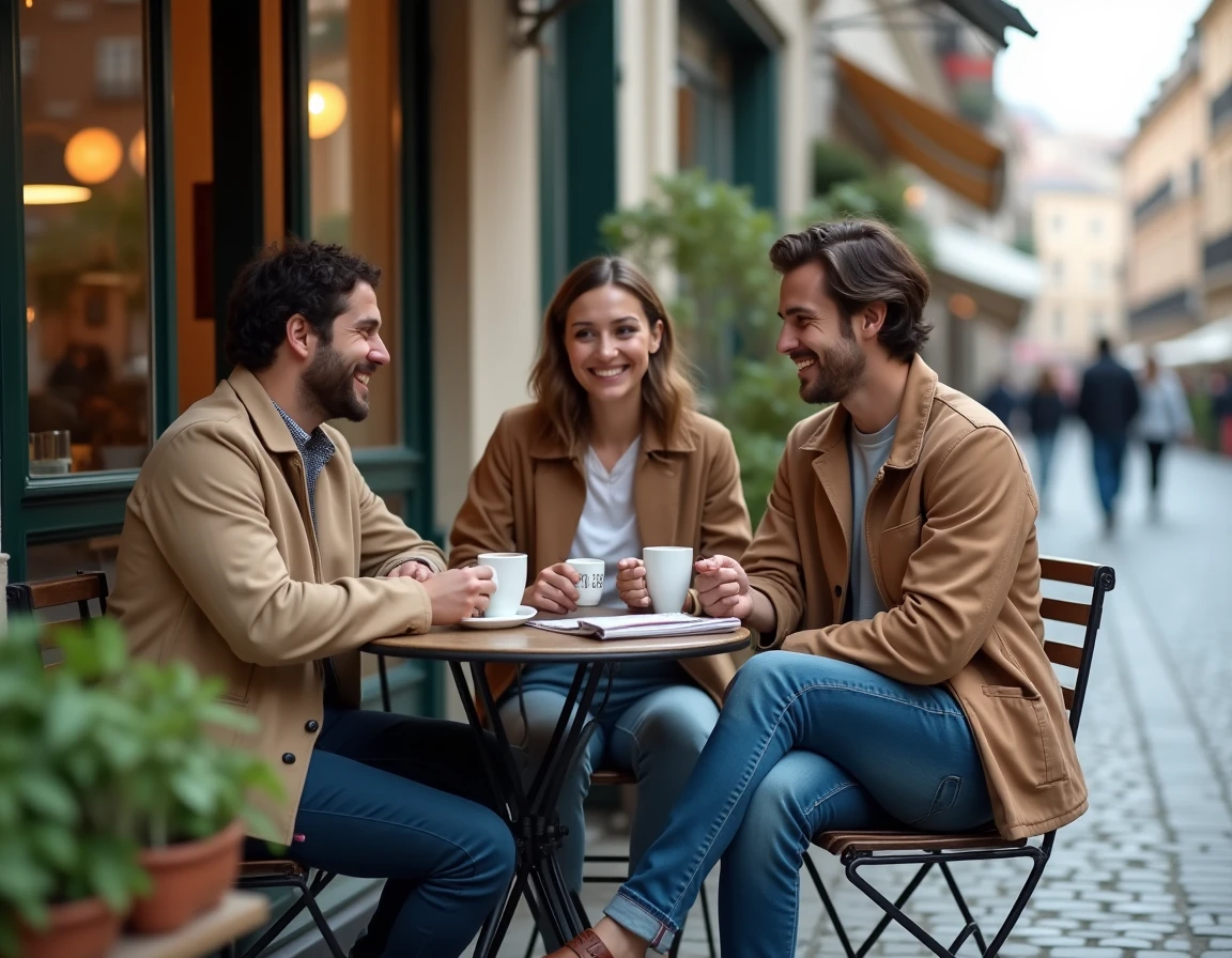 Groupe d'amis discutant de tendances et d'actualité autour d'un café en terrasse urbaine