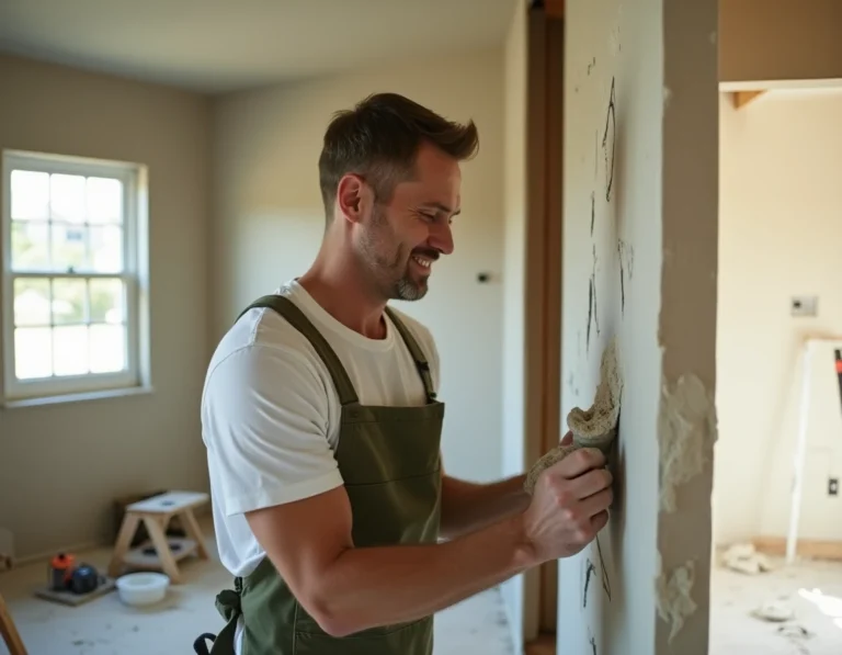 Homme bricoleur appliquant de l'enduit sur une plaque de plâtre dans une pièce en cours de rénovation
