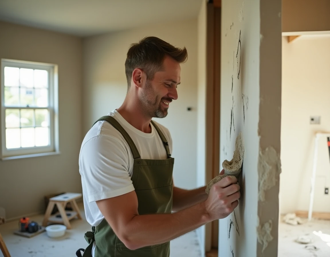 Homme bricoleur appliquant de l'enduit sur une plaque de plâtre dans une pièce en cours de rénovation