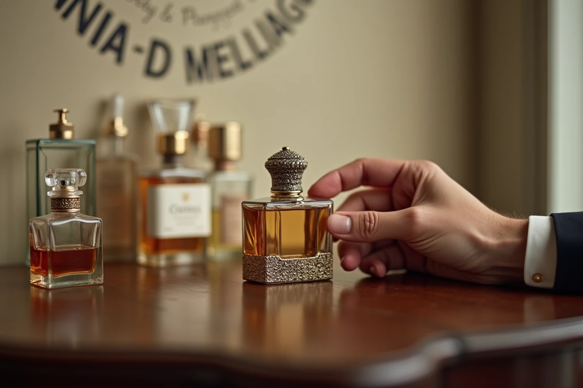 Collection de flacons de parfum vintage et contemporains sur bois de noyer, illustrant le patrimoine olfactif et l'histoire des origines de la parfumerie Nocibé