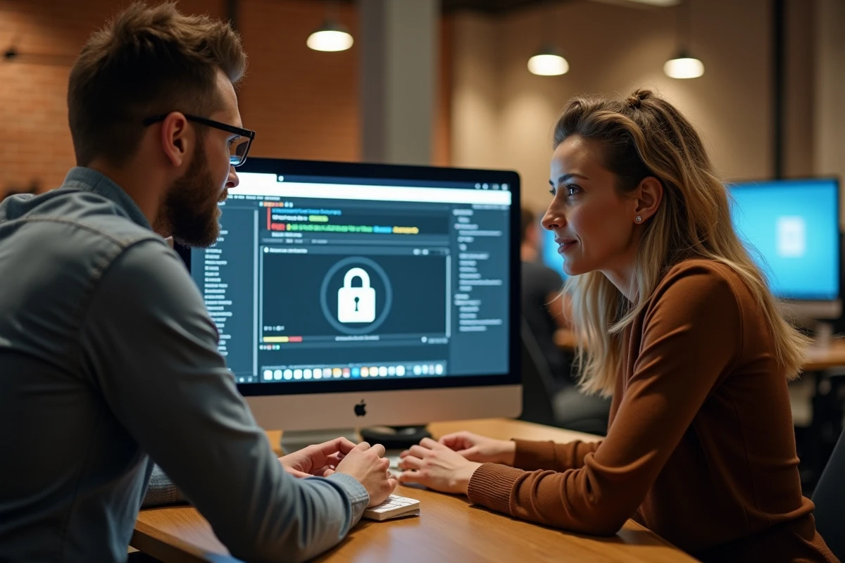 Deux collègues analysant la sécurité d'un site internet et d'un logo sur un écran d'ordinateur dans un espace de coworking