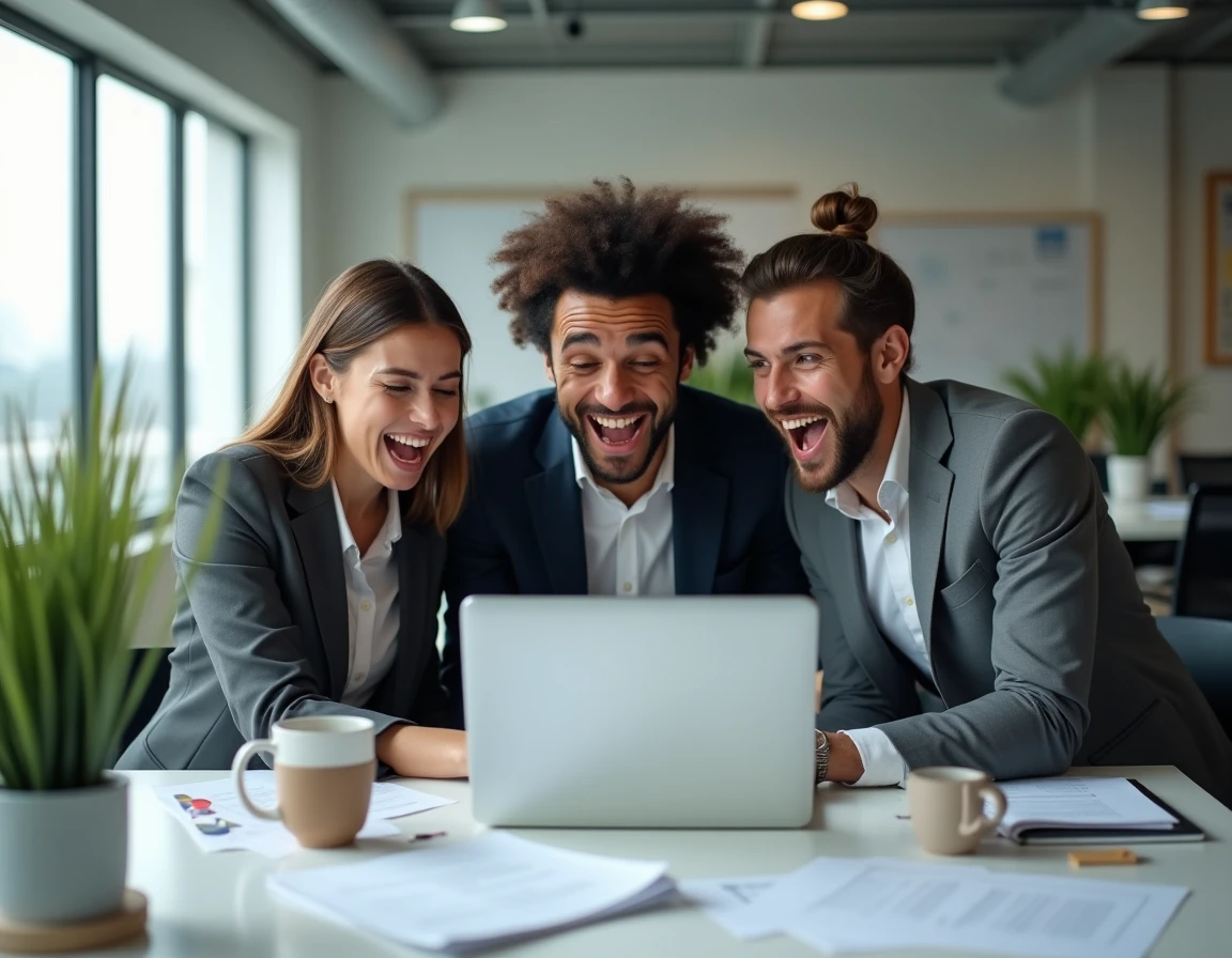 Groupe de collègues découvrant ensemble les tendances et actualités insolites du jour sur un ordinateur au bureau
