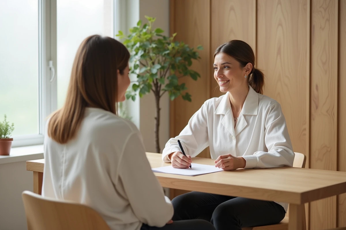 Professionnelle du bien-être en consultation avec une cliente dans un studio moderne et apaisant