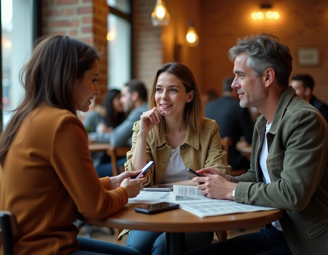 Groupe de personnes débattant autour d'une table de café à Paris sur la frontière entre vie publique et vie privée des célébrités