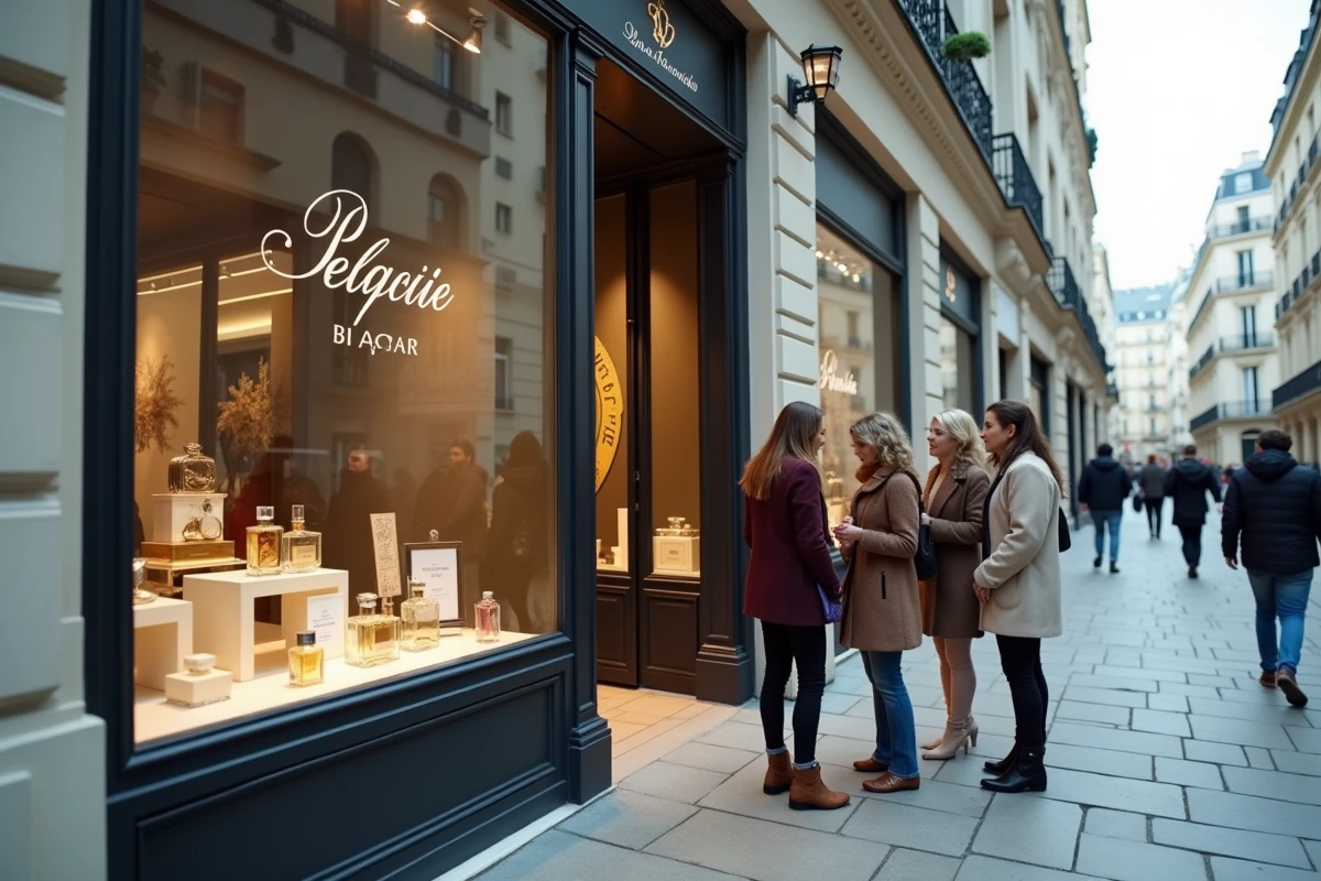 Devanture d'une parfumerie française en centre-ville avec deux femmes regardant une vitrine de parfums, rappelant les débuts et l'expansion historique du groupe Nocibé en France
