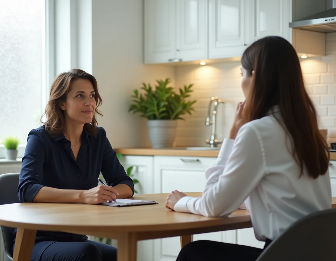 Mère de famille en entretien avec une candidate nounou autour d'une table de cuisine moderne lors d'un recrutement confiant