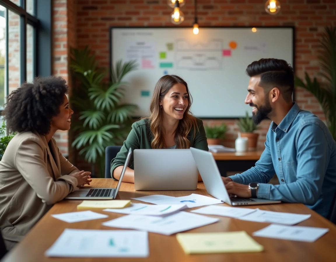 Équipe marketing en séance de brainstorming autour de maquettes de campagnes digitales dans une agence créative
