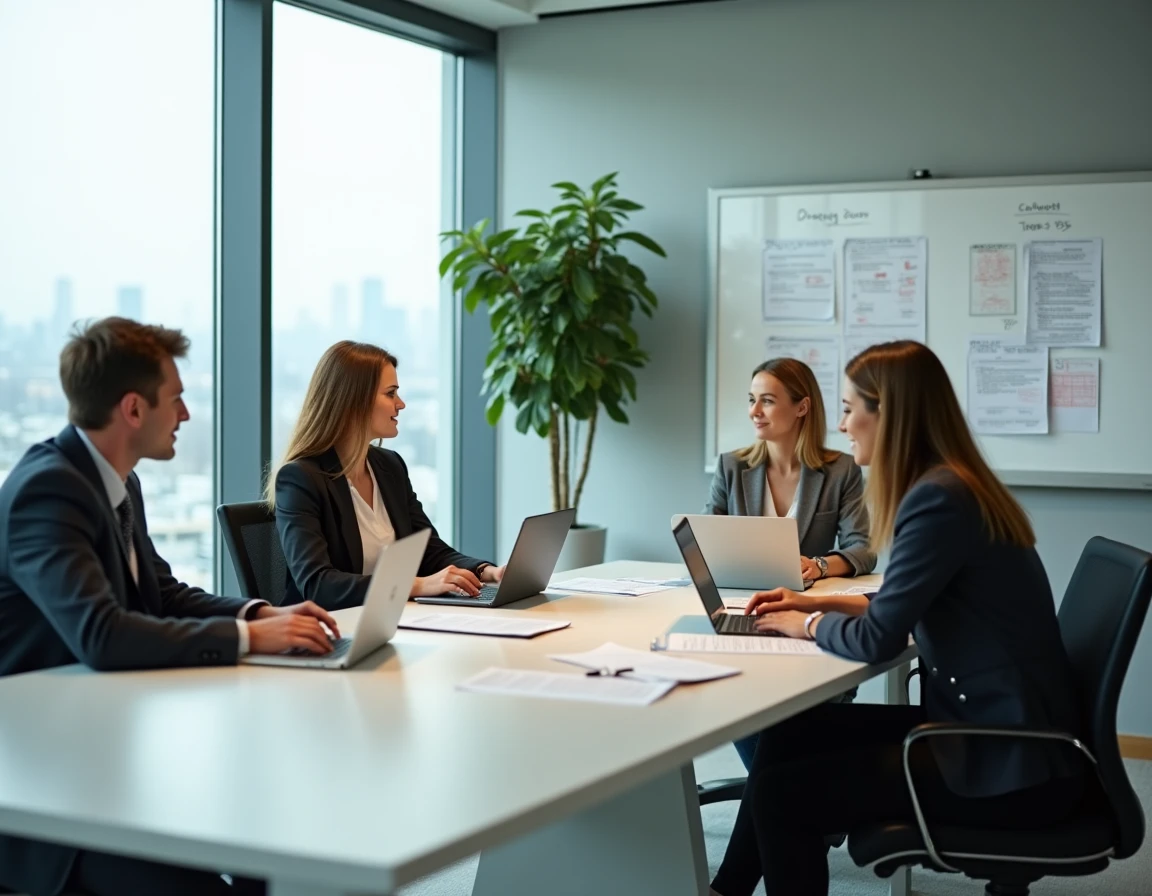 Équipe de professionnels en réunion de stratégie autour d'une table de conférence contemporaine