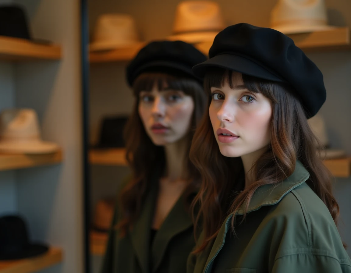 Jeune femme à frange droite essayant un béret noir dans une boutique de chapeaux face à un miroir