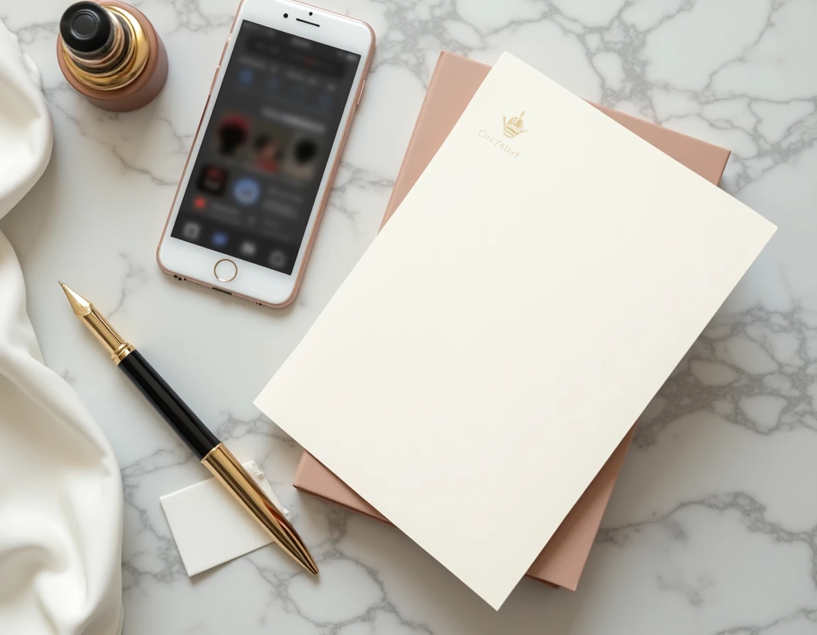 Mise en scène éditoriale d'un faire-part de mariage fermé posé sur du marbre avec un smartphone, symbolisant la tension entre vie privée et exposition médiatique