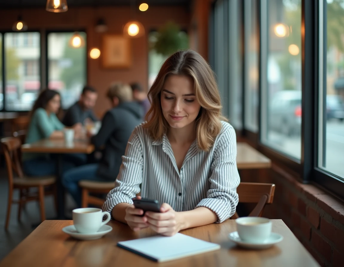 Jeune femme consultant les actualités insolites du jour sur son smartphone dans un café moderne