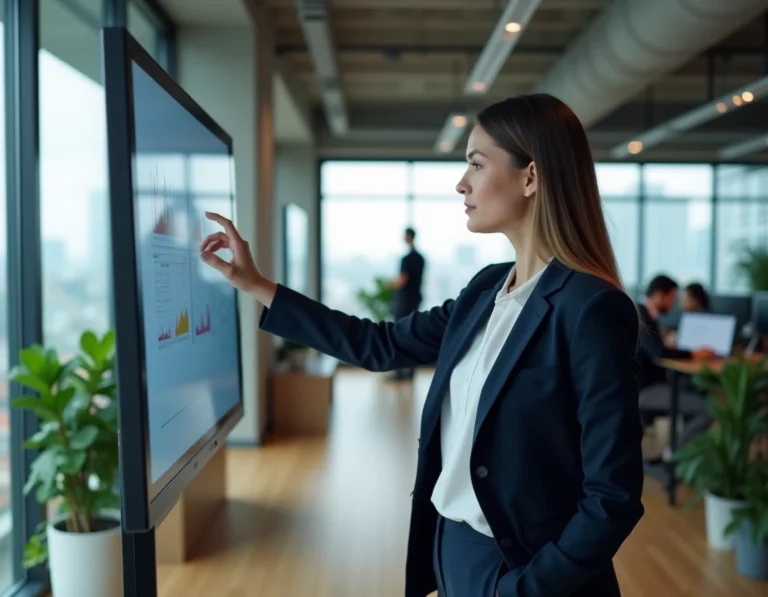 Femme d'affaires analysant des données sur un grand écran dans un bureau moderne et innovant