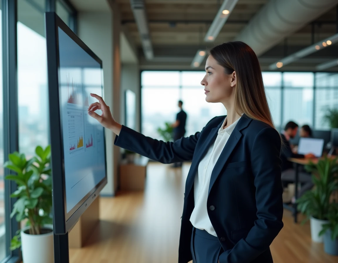 Femme d'affaires analysant des données sur un grand écran dans un bureau moderne et innovant
