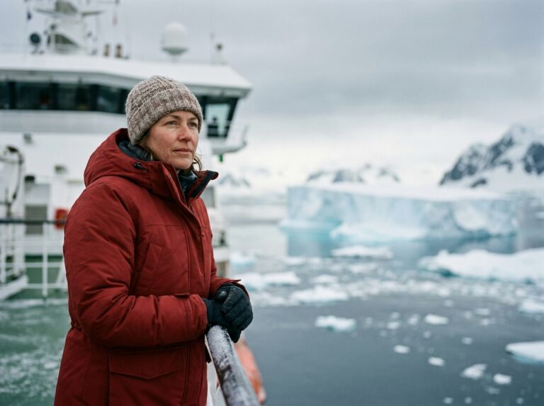 Femme en parka rouge observant un iceberg en Antarctique