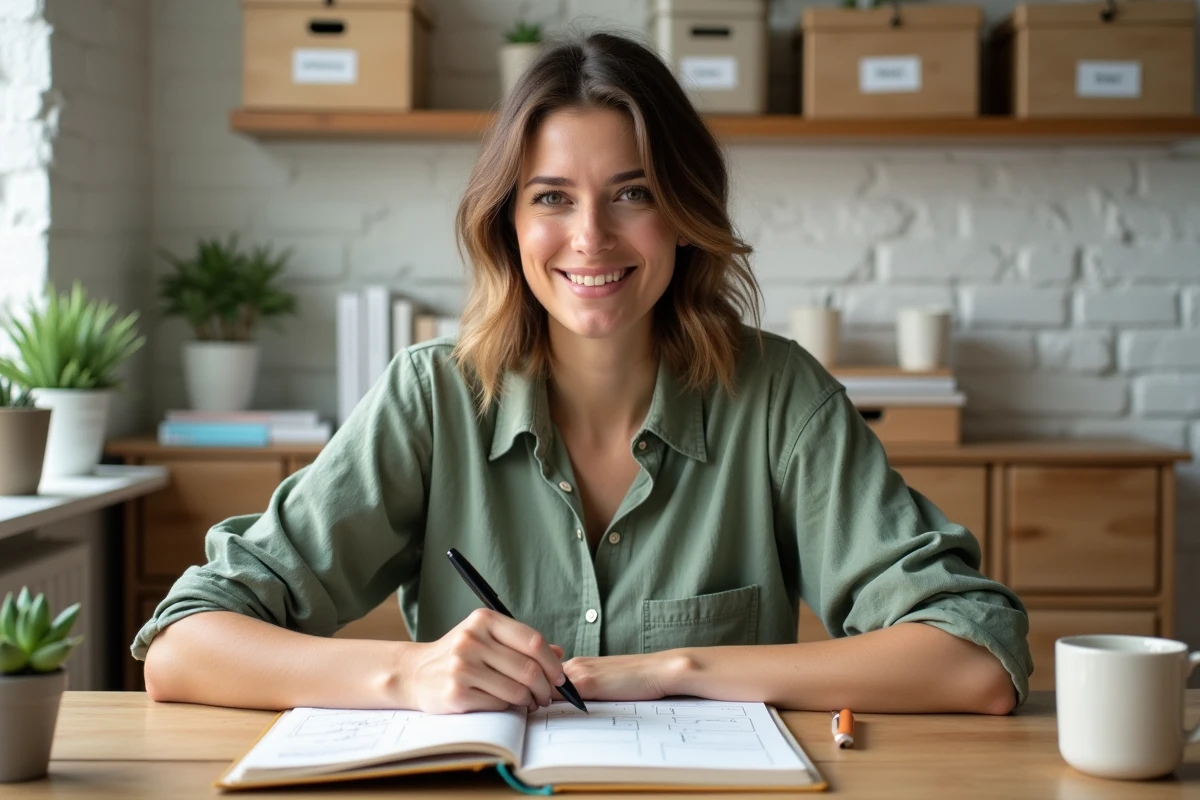 Femme organisée écrivant dans un bullet journal sur un bureau en bois entouré de plantes et de matériel créatif