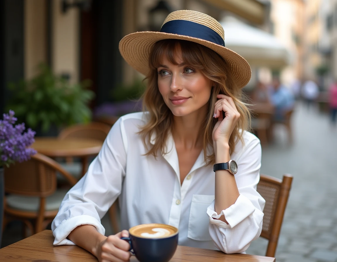 Femme aux franges voilées portant un canotier de paille assise en terrasse de café avec un café