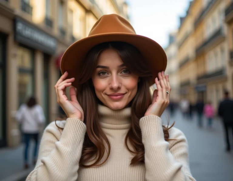 Femme aux franges latérales portant un chapeau à larges bords en feutre caramel dans une rue parisienne en automne