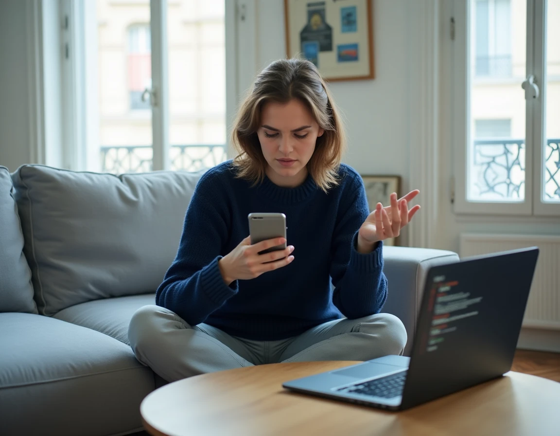 Femme consultant les paramètres réseau sur son ordinateur portable pour résoudre une coupure wifi Freebox