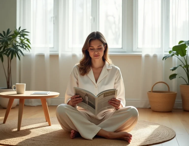 Femme en tenue décontractée lisant un magazine lifestyle dans un salon minimaliste et moderne