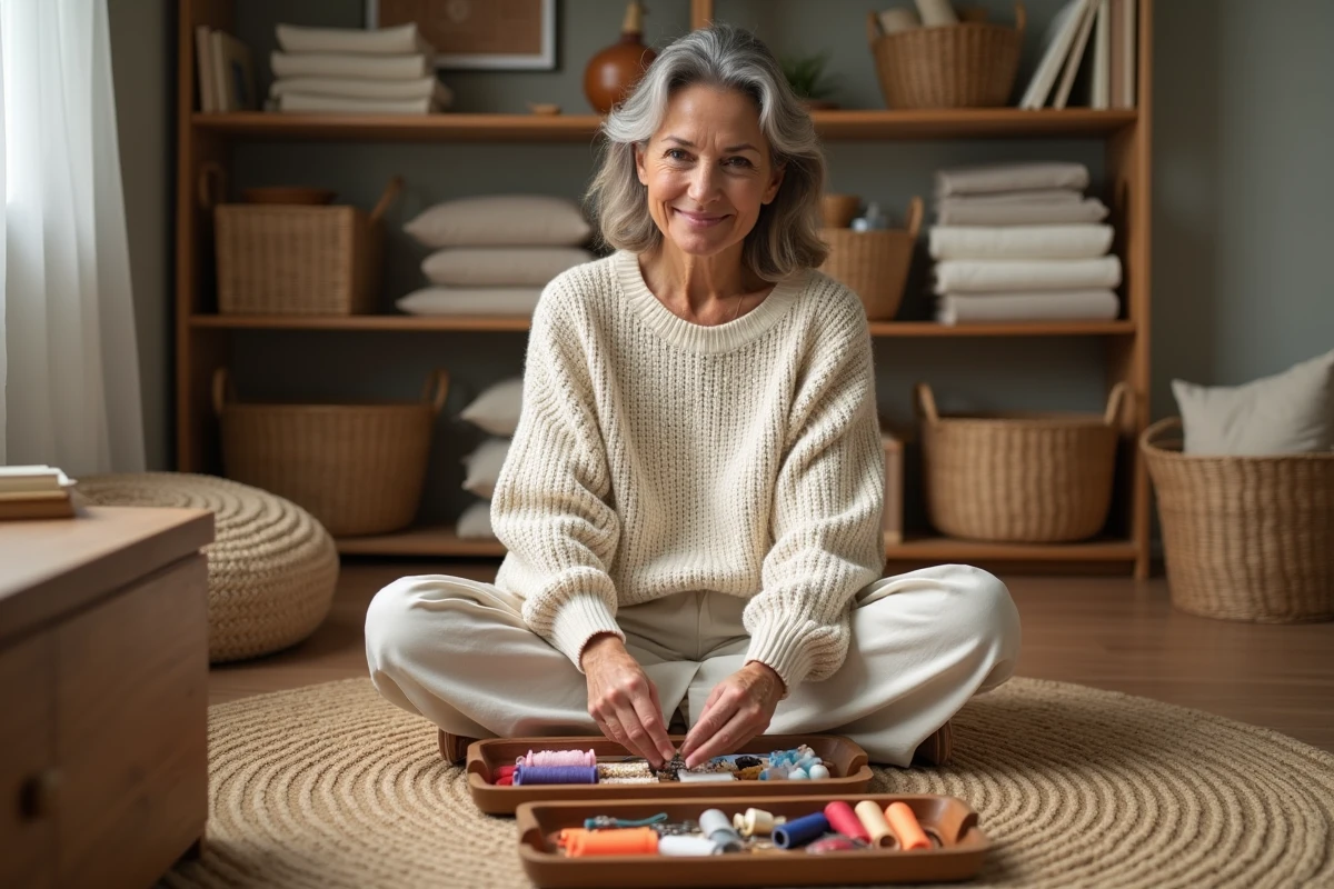 Femme assise sur un coussin en rotin organisant des fournitures créatives dans des plateaux en bois dans un salon chaleureux