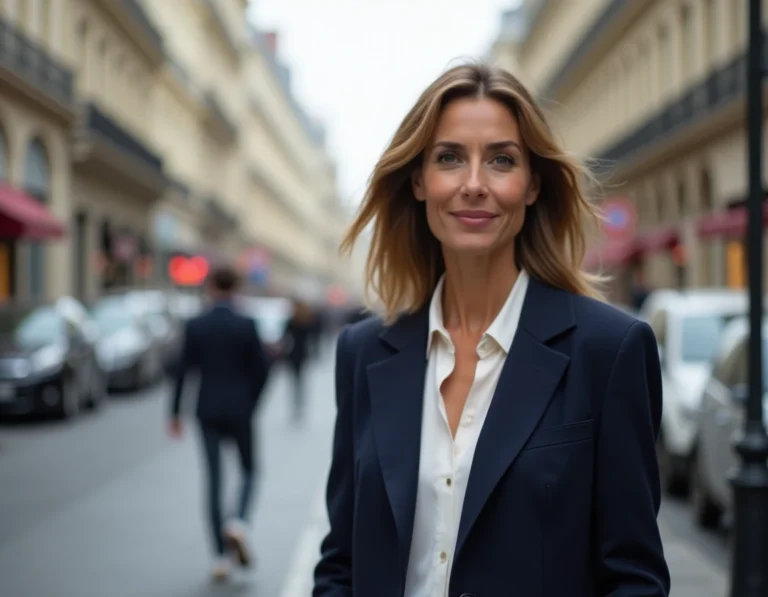 Femme française élégante sur un boulevard parisien, illustrant le sondage femme préférée des Français 2025