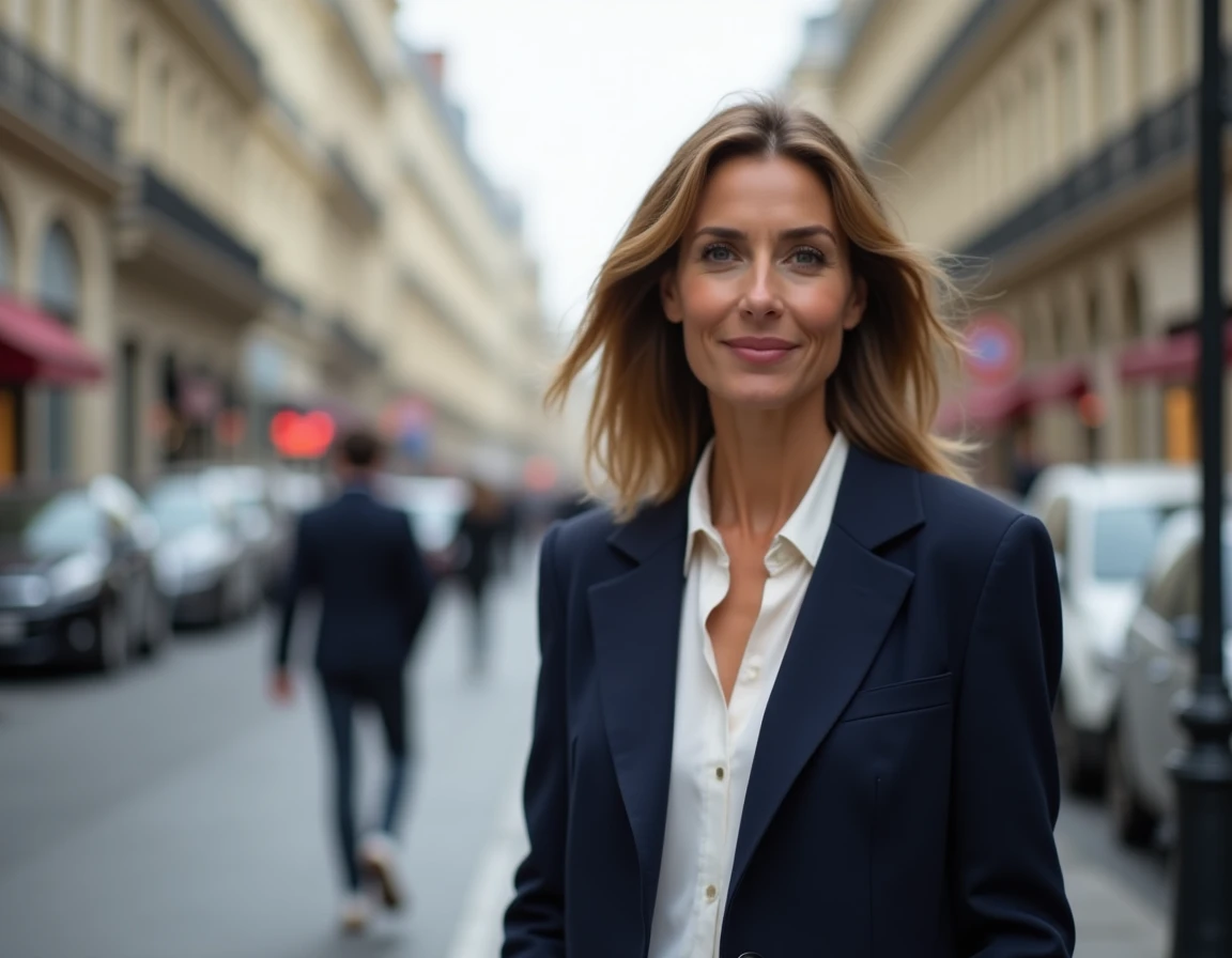 Femme française élégante sur un boulevard parisien, illustrant le sondage femme préférée des Français 2025