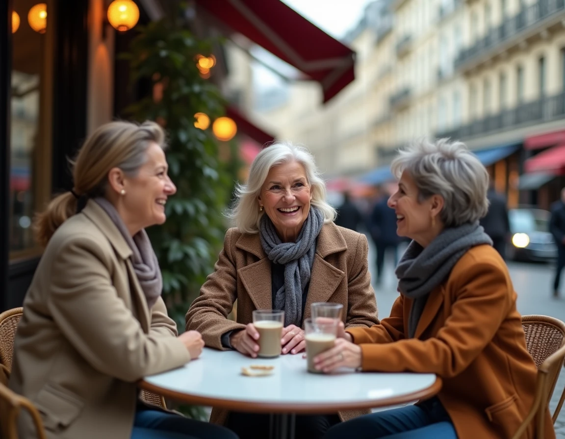 Trois femmes françaises de générations différentes en terrasse de café à Paris, palmarès femmes préférées des Français 2025