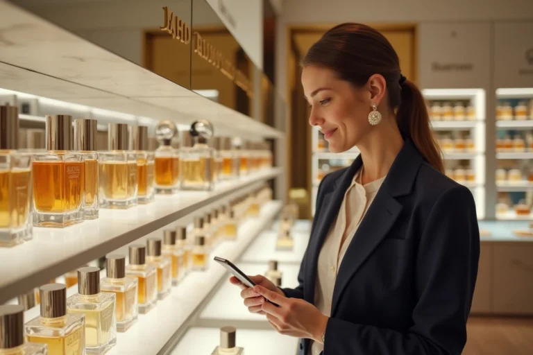 Intérieur d'une boutique de parfumerie haut de gamme avec des flacons de parfum sur des étagères en marbre blanc, évoquant l'histoire et l'ambiance des premières boutiques Nocibé