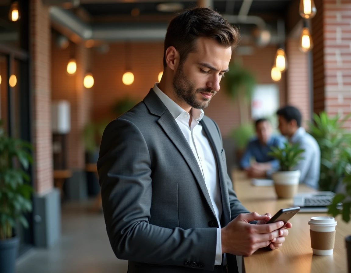 Homme d'affaires consultant son smartphone dans un espace de coworking tendance et dynamique