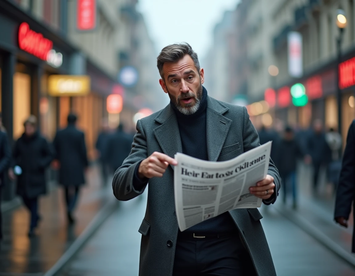 Homme réagissant avec surprise à un titre de journal insolite dans une rue animée de la ville