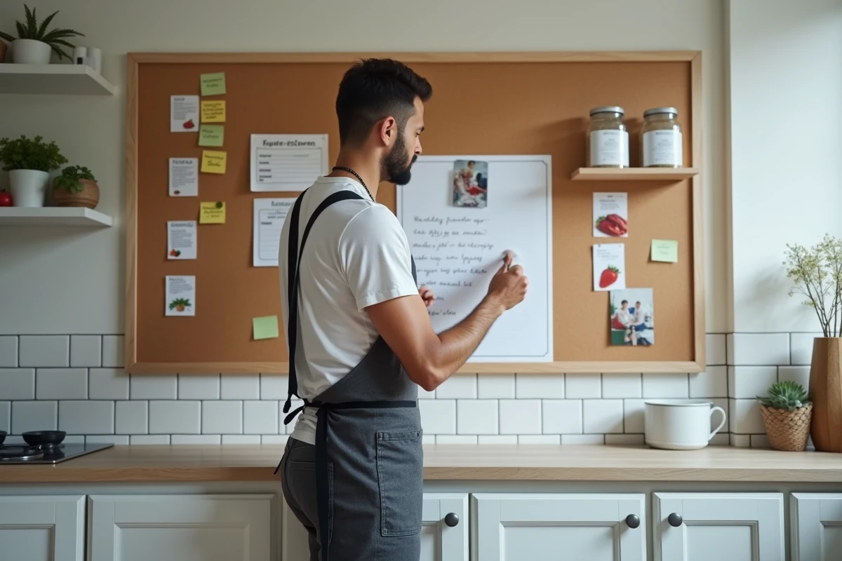 Homme affichant un planning de repas hebdomadaire sur un tableau liège dans une cuisine moderne et organisée