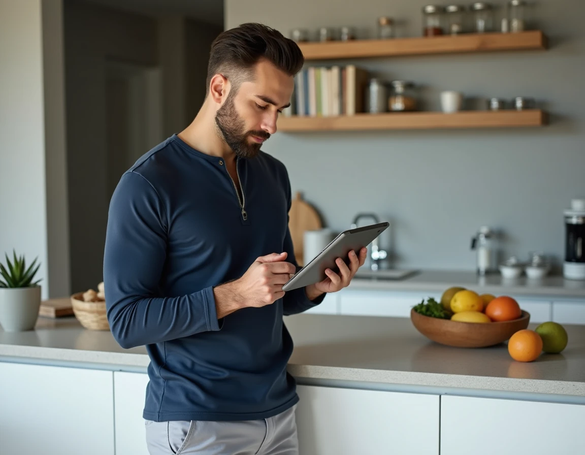 Homme consultant du contenu bien-être sur une tablette dans une cuisine contemporaine