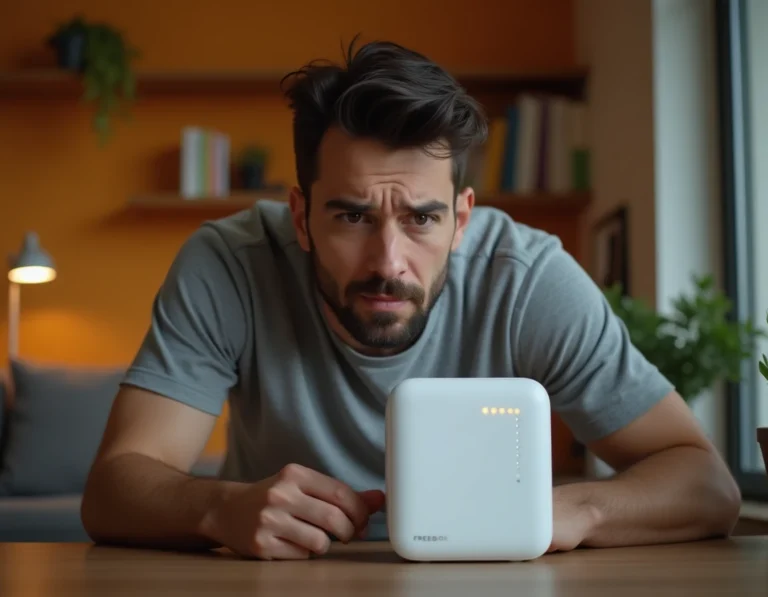 Homme vérifiant les voyants de sa Freebox pour diagnostiquer un problème de connexion wifi à domicile