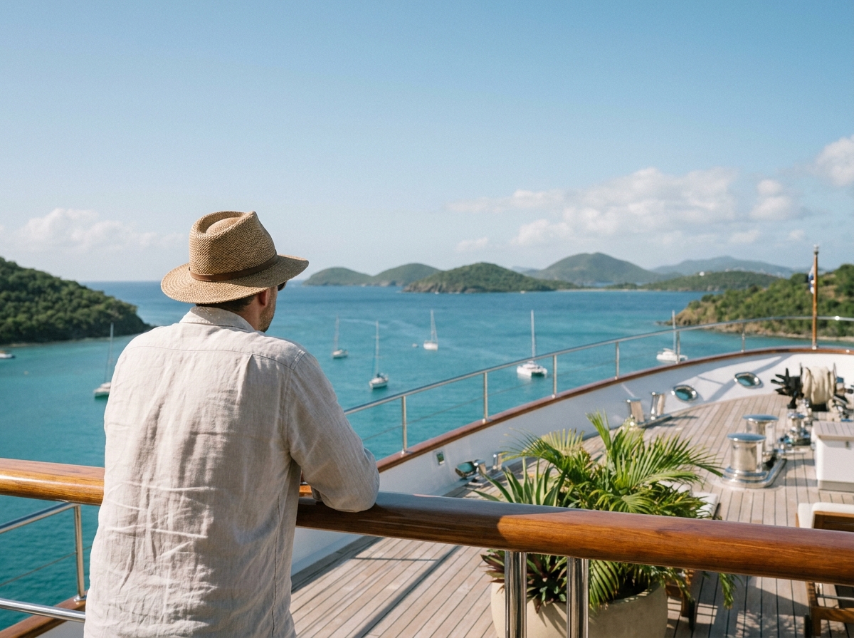 Homme en chemise lin et chapeau de paille sur un yacht tropical