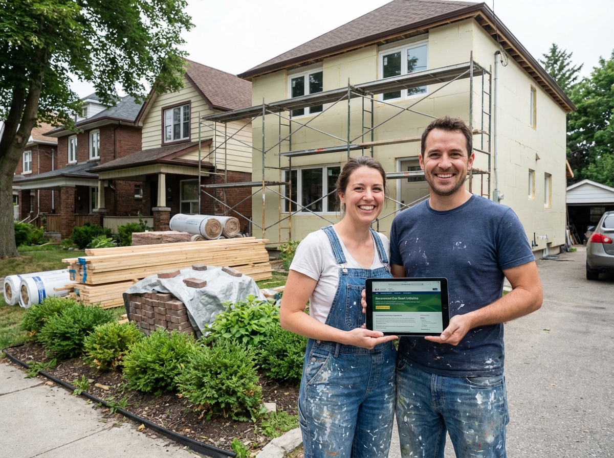 Jeune couple devant maison en rénovation écologique