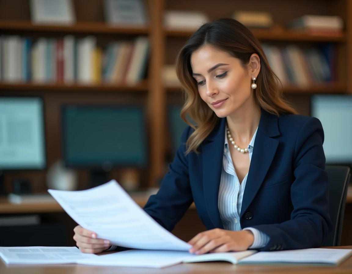 Journaliste femme dans une salle de rédaction moderne examinant des documents, illustrant le débat sur la vie privée des personnalités médiatiques