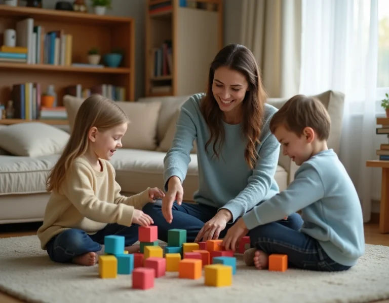 Jeune nounou assise sur un tapis avec deux enfants en train de jouer avec des blocs en bois dans un salon familial chaleureux
