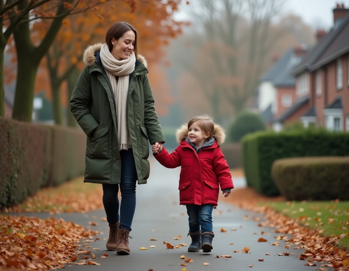 Nounou tenant la main d'un enfant lors d'une promenade automnale dans un quartier résidentiel paisible