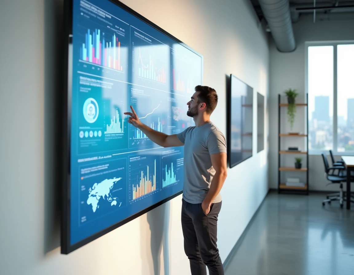 Spécialiste digital présentant des tendances marketing sur un écran interactif dans un bureau de startup
