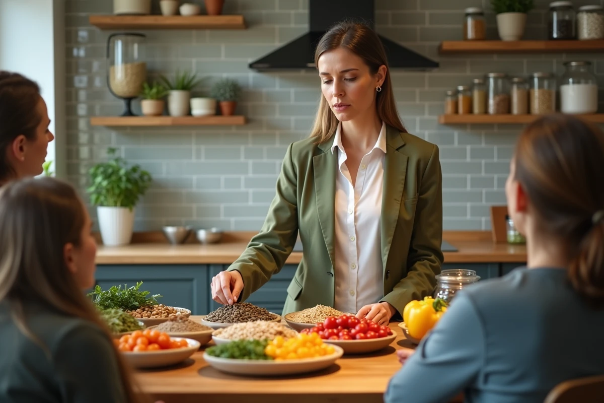 Nutritionniste présentant des aliments sains à un groupe lors d'un atelier cuisine bien-être