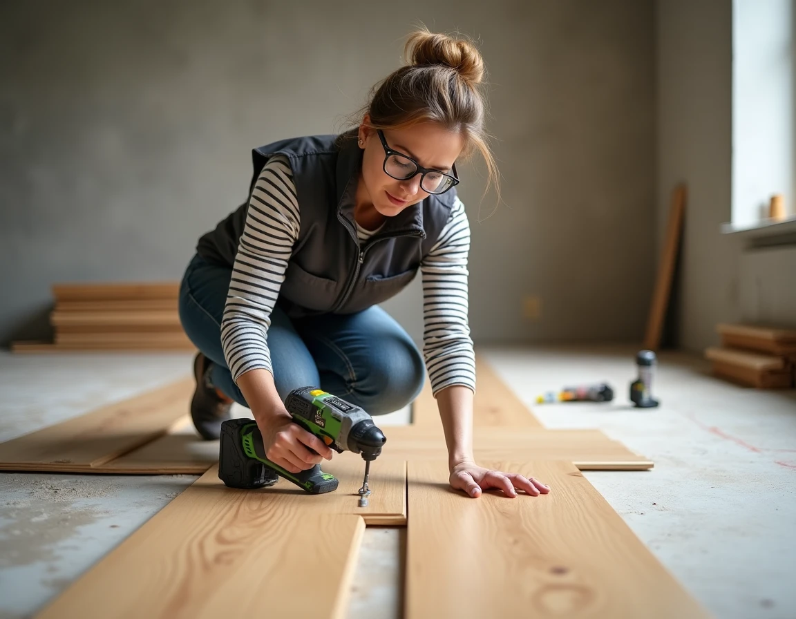 Femme posant un parquet en bois massif avec une visseuse sans fil lors d'une rénovation de sol
