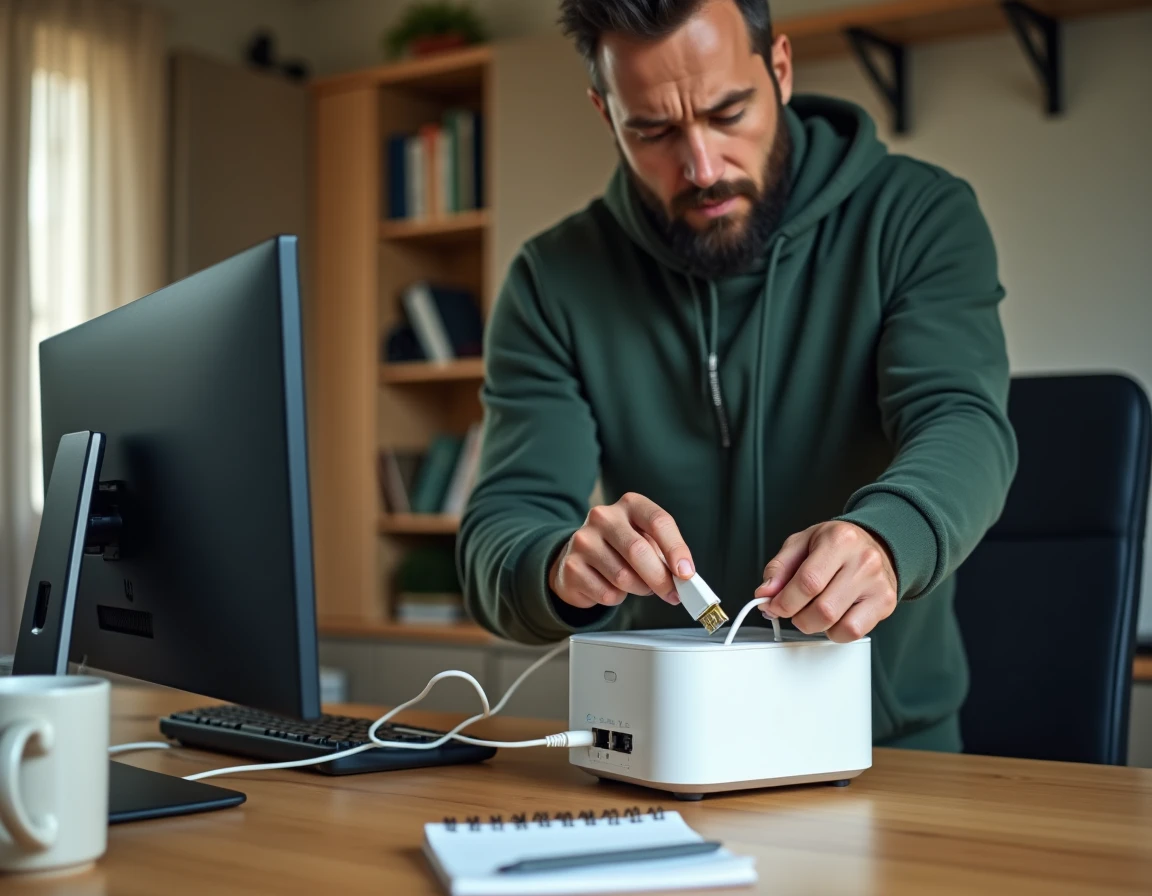 Homme reconnectant le câble ethernet de sa Freebox Delta pour rétablir une connexion internet stable au bureau à domicile