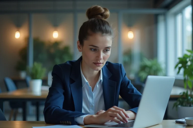 Femme professionnelle consultant les paramètres de sécurité en ligne sur un ordinateur portable dans un bureau moderne