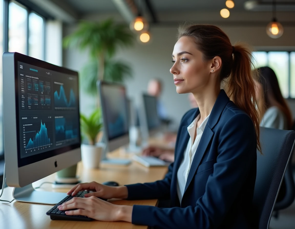 Professionnelle en marketing analysant des tableaux de bord digitaux sur deux écrans dans un espace de coworking moderne