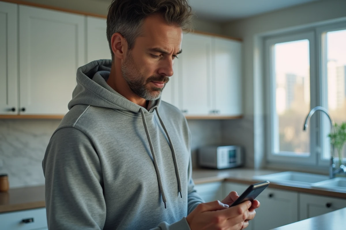 Homme vérifiant la sécurité d'un site web et d'un logo inconnu sur son smartphone dans une cuisine moderne